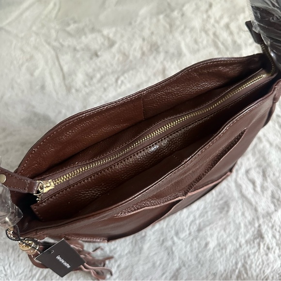 NWT Nyla Noor Shoulder Bag Purse Pebbled Leather Patchwork Tassel Diamond Brown - Picture 3 of 7